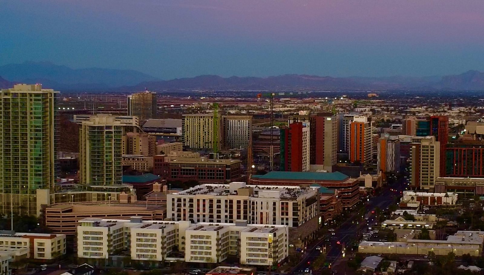 Downtown Phoenix skyline from the air at dusk