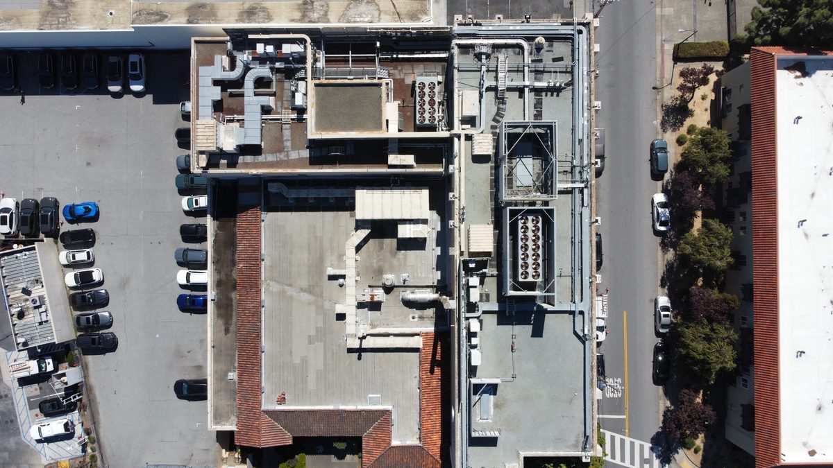 Top-down view of commercial rooftop equipment