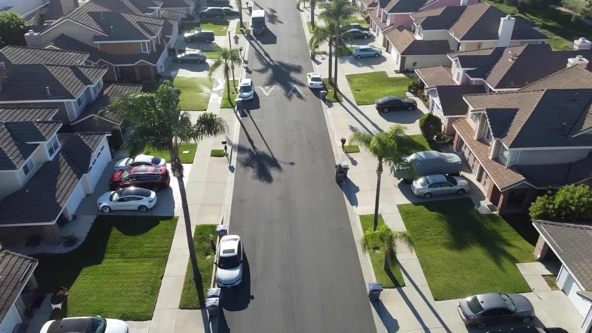 Neighborhood street aerial in Southern California